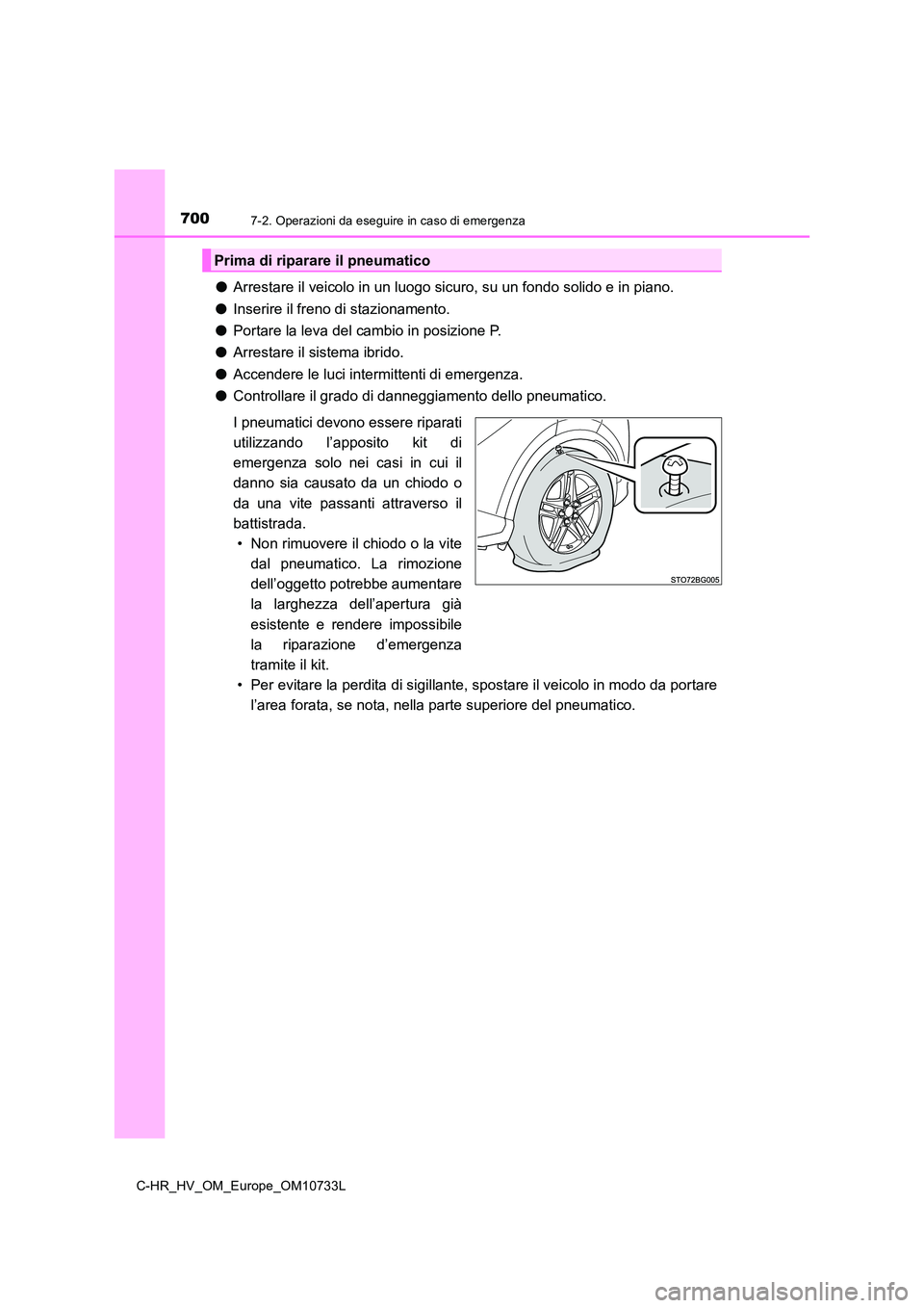TOYOTA C-HR 2022  Manuale duso (in Italian) 7007-2. Operazioni da eseguire in caso di emergenza
C-HR_HV_OM_Europe_OM10733L
●Arrestare il veicolo in un luogo sicuro, su un fondo solido e in piano. 
● Inserire il freno di stazionamento. 
● 