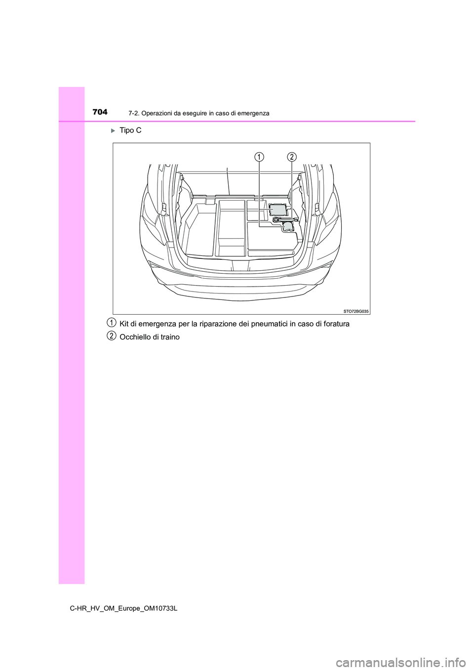 TOYOTA C-HR 2022  Manuale duso (in Italian) 7047-2. Operazioni da eseguire in caso di emergenza
C-HR_HV_OM_Europe_OM10733L
Tipo C 
Kit di emergenza per la riparaz ione dei pneumatici in caso di foratura 
Occhiello di traino 
