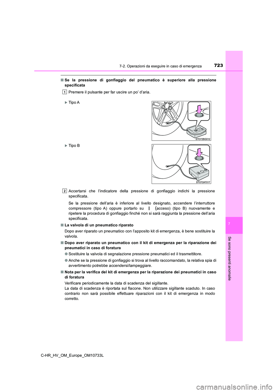 TOYOTA C-HR 2022 Manuale duso (in Italian) 7237-2. Operazioni da eseguire in caso di emergenza
C-HR_HV_OM_Europe_OM10733L
7
Se sono presenti anomalie
■Se la pressione di gonfiaggio del pneumatico è superiore alla pressione
specif TOYOTA C-HR 2022 Manuale duso (in Italian) 7237-2. Operazioni da eseguire in caso di emergenza
C-HR_HV_OM_Europe_OM10733L
7
Se sono presenti anomalie
■Se la pressione di gonfiaggio del pneumatico è superiore alla pressione
specif