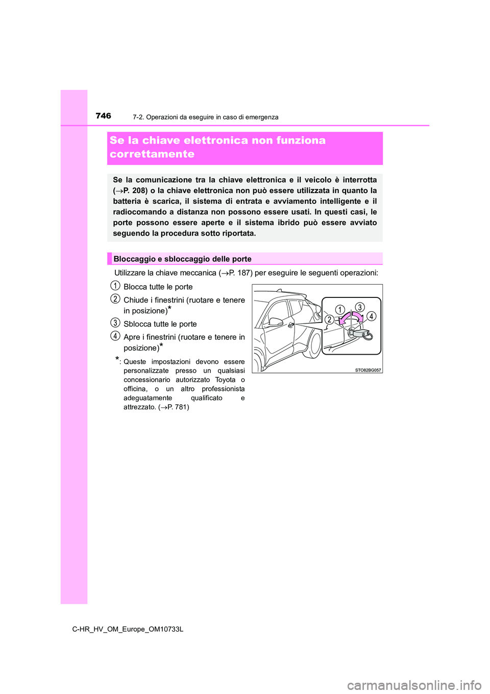 TOYOTA C-HR 2022  Manuale duso (in Italian) 7467-2. Operazioni da eseguire in caso di emergenza
C-HR_HV_OM_Europe_OM10733L
Se la chiave elettronica non funziona  
correttamente
Utilizzare la chiave meccanica ( P. 187) per eseguire le seguent