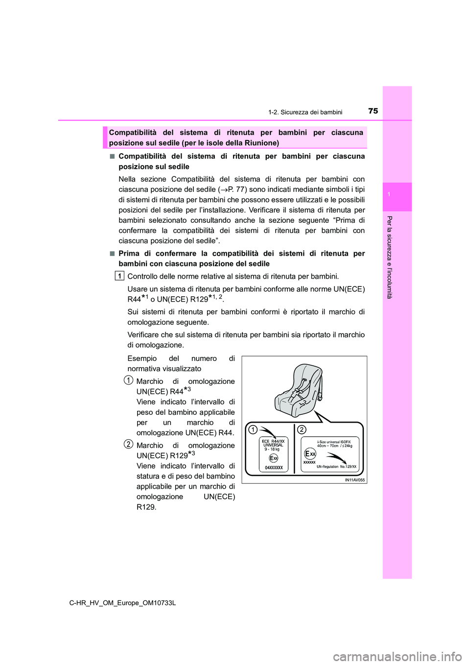 TOYOTA C-HR 2022  Manuale duso (in Italian) 751-2. Sicurezza dei bambini
1
Per la sicurezza e l’incolumità
C-HR_HV_OM_Europe_OM10733L 
■Compatibilità  del  sistema  di  r itenuta  per  bambini  per  ciascuna 
posizione sul sedile 
Nella  