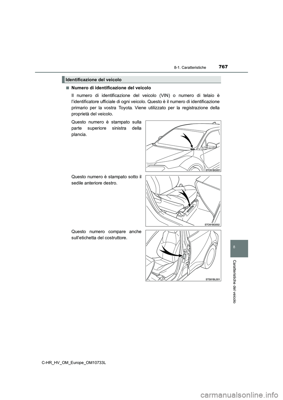TOYOTA C-HR 2022  Manuale duso (in Italian) 7678-1. Caratteristiche
C-HR_HV_OM_Europe_OM10733L
8
Caratteristiche del veicolo
■Numero di identificazione del veicolo 
Il  numero  di  identificazione  del  veicolo  (VIN)  o  numero  di  tela io 