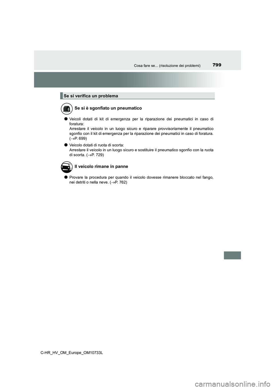 TOYOTA C-HR 2022 Manuale duso (in Italian) 799Cosa fare se... (risoluzione dei problemi)
C-HR_HV_OM_Europe_OM10733L
●Veicoli dotati di kit di emergenza per la riparazione dei pneumatici in caso di
foratura:
Arrestare il vei TOYOTA C-HR 2022 Manuale duso (in Italian) 799Cosa fare se... (risoluzione dei problemi)
C-HR_HV_OM_Europe_OM10733L
●Veicoli dotati di kit di emergenza per la riparazione dei pneumatici in caso di
foratura:
Arrestare il vei