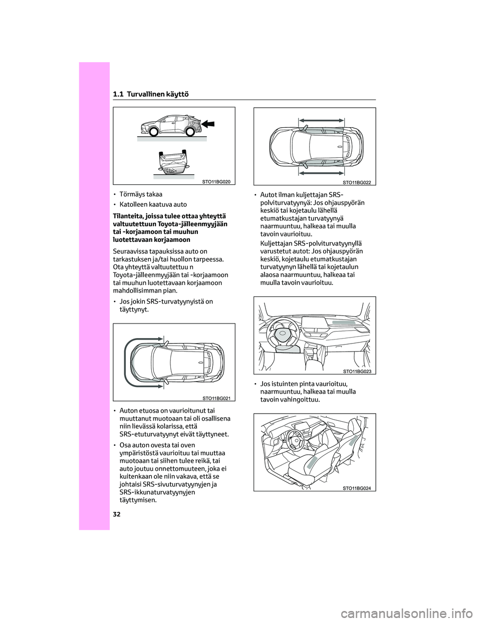 TOYOTA C-HR 2022 Omistajan Käsikirja (in Finnish) • Törmäys takaa
• Katolleen kaatuva auto
Tilanteita, joissa tulee ottaa yhteyttä
valtuutettuun Toyota-jälleenmyyjään
tai -korjaamoon tai muuhun
luotettavaan korjaamoon
Seuraavissa tapauksiss TOYOTA C-HR 2022 Omistajan Käsikirja (in Finnish) • Törmäys takaa
• Katolleen kaatuva auto
Tilanteita, joissa tulee ottaa yhteyttä
valtuutettuun Toyota-jälleenmyyjään
tai -korjaamoon tai muuhun
luotettavaan korjaamoon
Seuraavissa tapauksiss