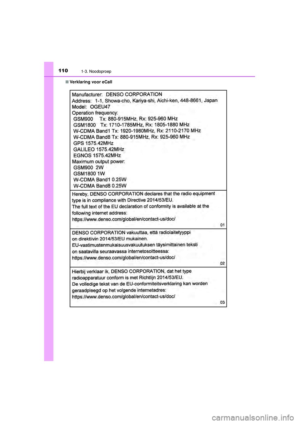 TOYOTA C-HR 2022  Instructieboekje (in Dutch) 1101-3. Noodoproep
C-HR_HV_OM_Europe_OM10720E■
Verklaring voor eCall
C-HR_HV_OM_Europe_OM10720E.book  Page 110  Monday, October 11, 2021  9:41 AM 