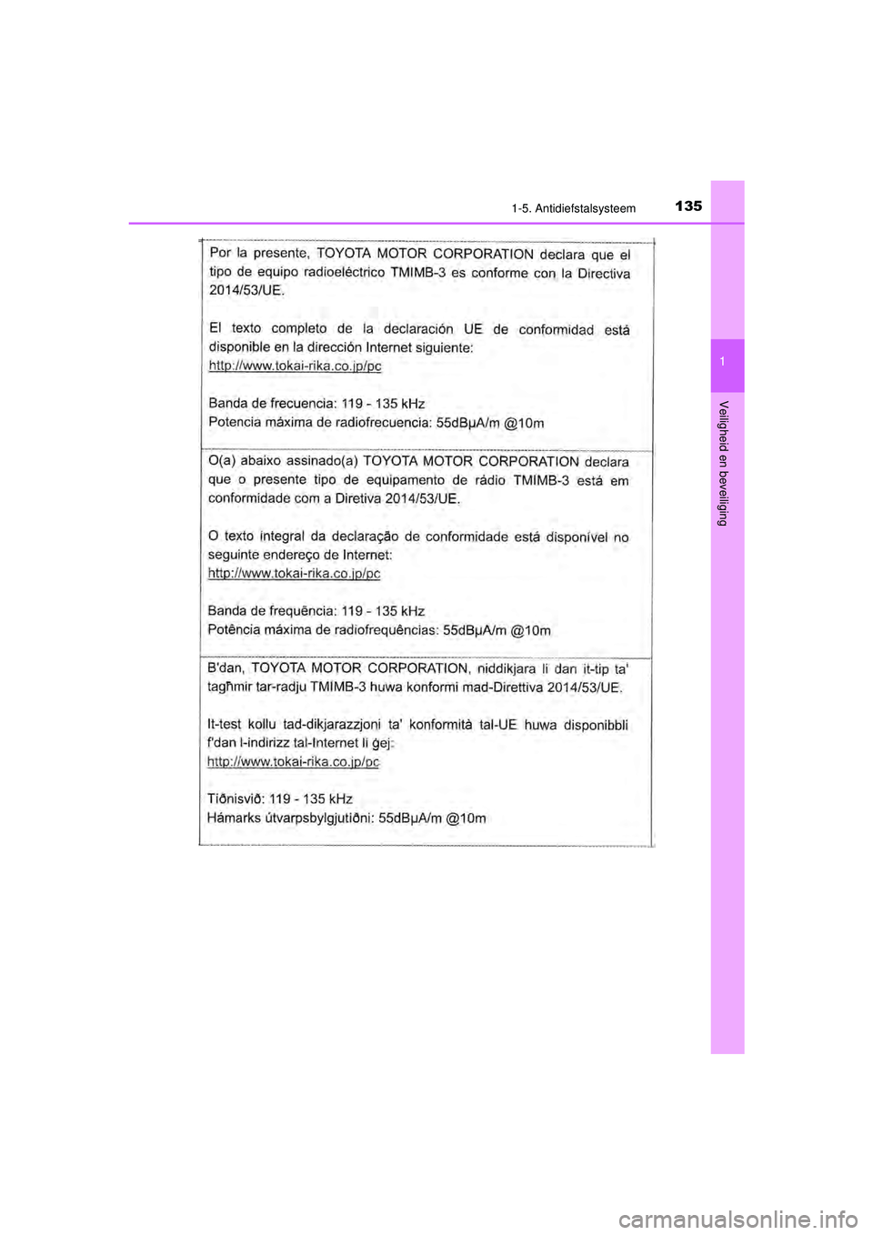 TOYOTA C-HR 2022  Instructieboekje (in Dutch) 1351-5. Antidiefstalsysteem
1
Veiligheid en beveiliging
C-HR_HV_OM_Europe_OM10720E
C-HR_HV_OM_Europe_OM10720E.book  Page 135  Monday, October 11, 2021  9:41 AM 