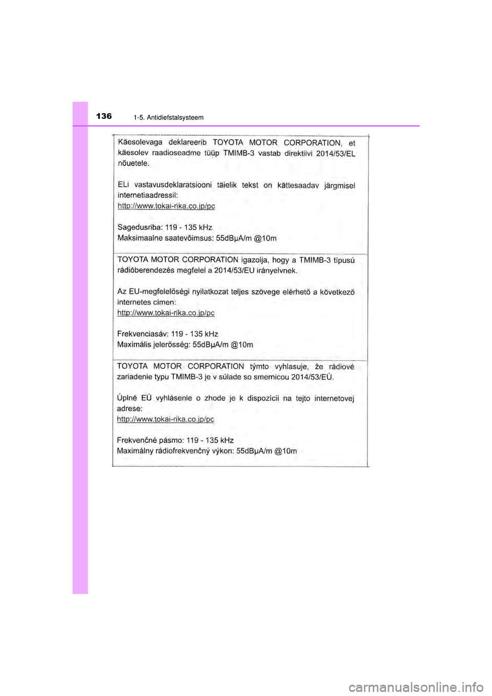 TOYOTA C-HR 2022  Instructieboekje (in Dutch) 1361-5. Antidiefstalsysteem
C-HR_HV_OM_Europe_OM10720E
C-HR_HV_OM_Europe_OM10720E.book  Page 136  Monday, October 11, 2021  9:41 AM 