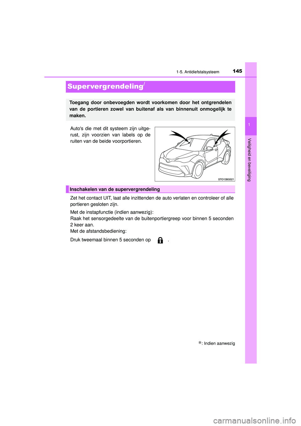 TOYOTA C-HR 2022 Instructieboekje (in Dutch) 145
1
1-5. Antidiefstalsysteem
Veiligheid en beveiliging
C-HR_HV_OM_Europe_OM10720E
Super vergrendeling/
Autos die met dit systeem zijn uitge-
rust, zijn voorzien van labels op de
ruiten van de beide TOYOTA C-HR 2022 Instructieboekje (in Dutch) 145
1
1-5. Antidiefstalsysteem
Veiligheid en beveiliging
C-HR_HV_OM_Europe_OM10720E
Super vergrendeling/
Autos die met dit systeem zijn uitge-
rust, zijn voorzien van labels op de
ruiten van de beide