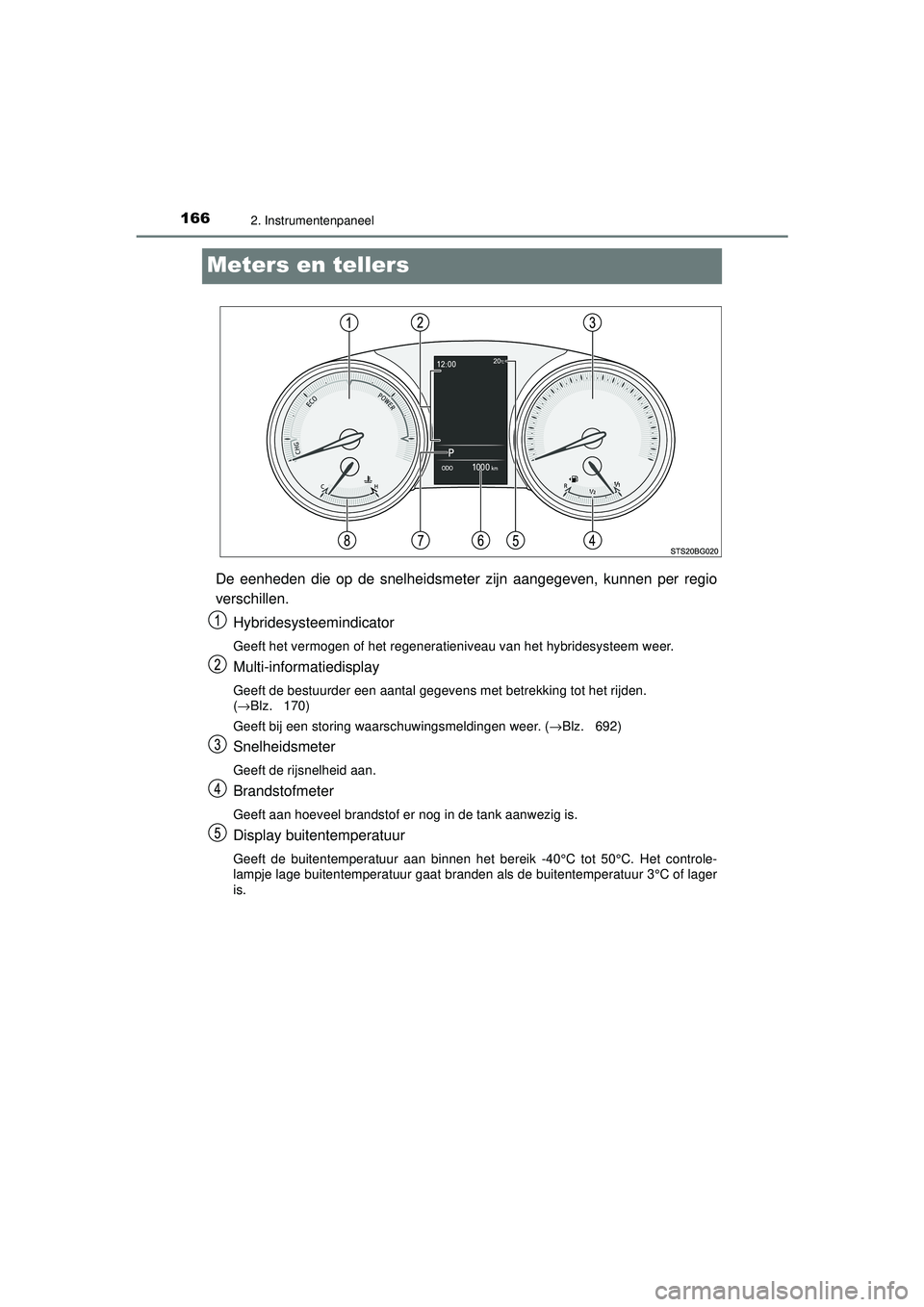 TOYOTA C-HR 2022 Instructieboekje (in Dutch) 1662. Instrumentenpaneel
C-HR_HV_OM_Europe_OM10720E
Meters en tellers
De eenheden die op de snelheidsmeter zijn aangegeven, kunnen per regio
verschillen.Hybridesysteemindicator
Geeft het vermogen of h TOYOTA C-HR 2022 Instructieboekje (in Dutch) 1662. Instrumentenpaneel
C-HR_HV_OM_Europe_OM10720E
Meters en tellers
De eenheden die op de snelheidsmeter zijn aangegeven, kunnen per regio
verschillen.Hybridesysteemindicator
Geeft het vermogen of h