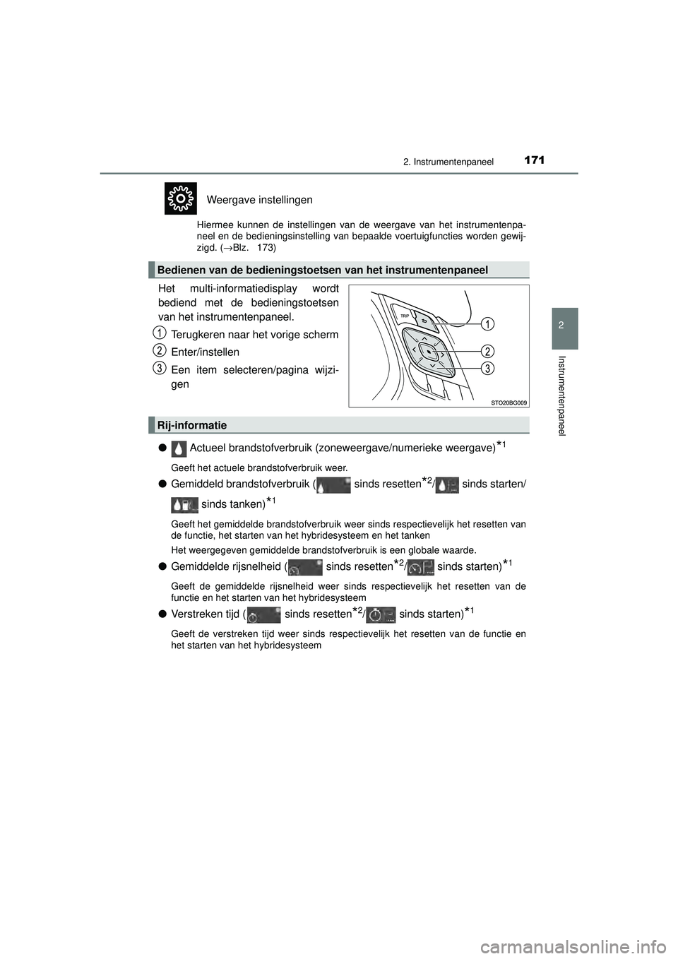 TOYOTA C-HR 2022 Instructieboekje (in Dutch) 1712. Instrumentenpaneel
2
Instrumentenpaneel
C-HR_HV_OM_Europe_OM10720E
Weergave instellingen
Hiermee kunnen de instellingen van de weergave van het instrumentenpa-
neel en de bedieningsinstelling va TOYOTA C-HR 2022 Instructieboekje (in Dutch) 1712. Instrumentenpaneel
2
Instrumentenpaneel
C-HR_HV_OM_Europe_OM10720E
Weergave instellingen
Hiermee kunnen de instellingen van de weergave van het instrumentenpa-
neel en de bedieningsinstelling va
