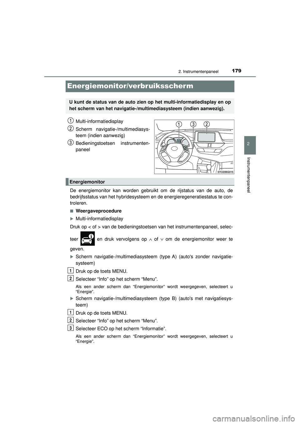 TOYOTA C-HR 2022 Instructieboekje (in Dutch) 179
2
2. Instrumentenpaneel
Instrumentenpaneel
C-HR_HV_OM_Europe_OM10720E
Energiemonitor/verbruiksscherm
Multi-informatiedisplay
Scherm navigatie-/multimediasys-
teem (indien aanwezig)
Bedieningstoets TOYOTA C-HR 2022 Instructieboekje (in Dutch) 179
2
2. Instrumentenpaneel
Instrumentenpaneel
C-HR_HV_OM_Europe_OM10720E
Energiemonitor/verbruiksscherm
Multi-informatiedisplay
Scherm navigatie-/multimediasys-
teem (indien aanwezig)
Bedieningstoets