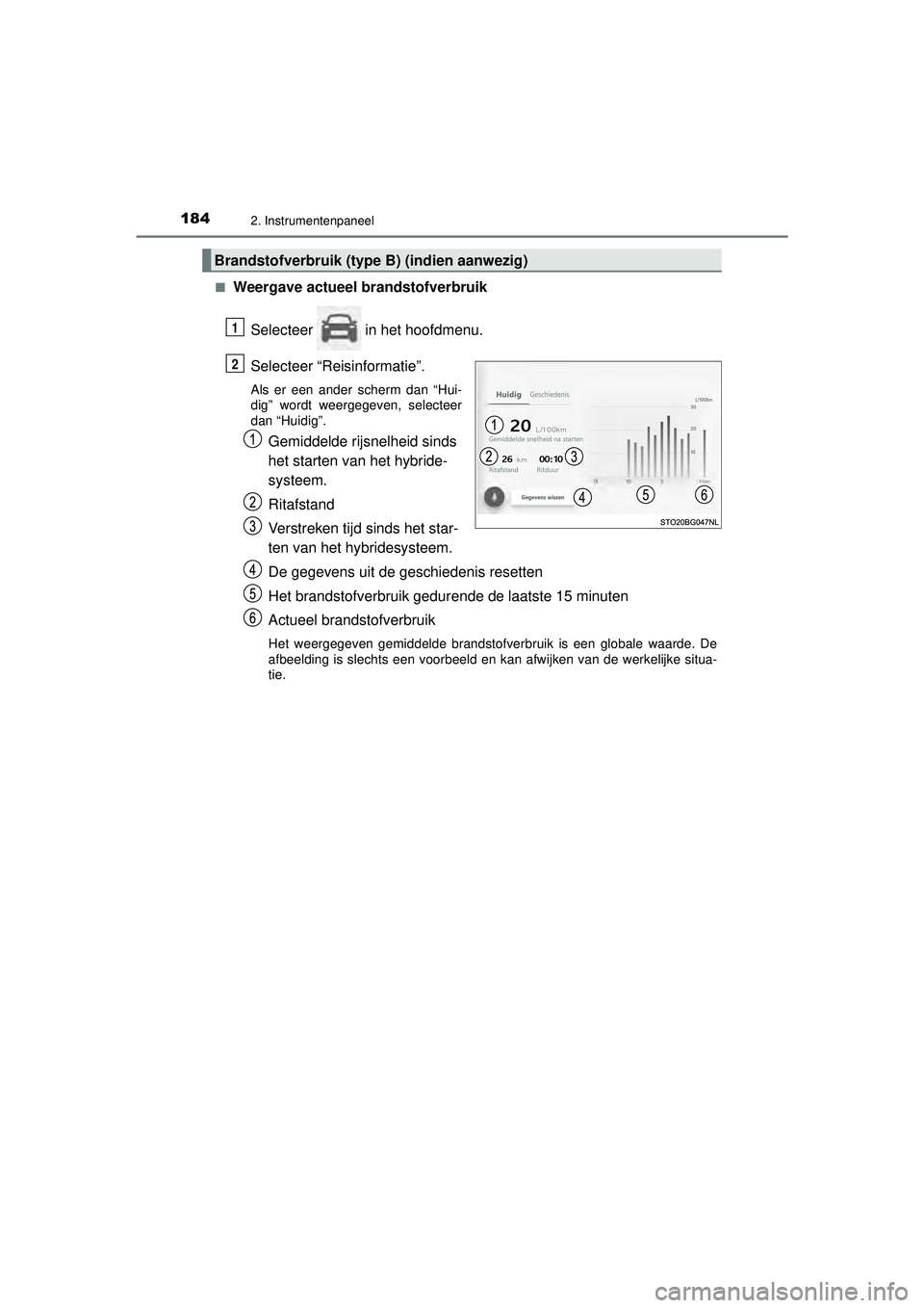 TOYOTA C-HR 2022 Instructieboekje (in Dutch) 1842. Instrumentenpaneel
C-HR_HV_OM_Europe_OM10720E■
Weergave actueel brandstofverbruik
Selecteer in het hoofdmenu.
Selecteer “Reisinformatie”.
Als er een ander scherm dan “Hui-
dig” wordt TOYOTA C-HR 2022 Instructieboekje (in Dutch) 1842. Instrumentenpaneel
C-HR_HV_OM_Europe_OM10720E■
Weergave actueel brandstofverbruik
Selecteer in het hoofdmenu.
Selecteer “Reisinformatie”.
Als er een ander scherm dan “Hui-
dig” wordt