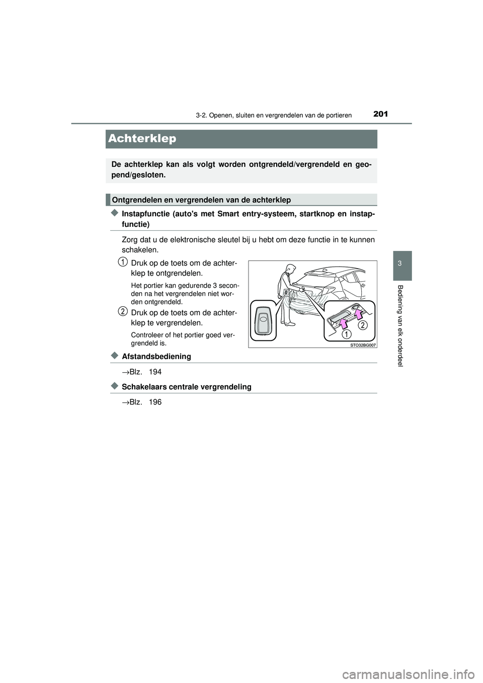 TOYOTA C-HR 2022 Instructieboekje (in Dutch) 201
3
3-2. Openen, sluiten en vergrendelen van de portieren
Bediening van elk onderdeel
C-HR_HV_OM_Europe_OM10720E
Achterklep
◆Instapfunctie (autos met Smart entry-systeem, startknop en instap-
fun TOYOTA C-HR 2022 Instructieboekje (in Dutch) 201
3
3-2. Openen, sluiten en vergrendelen van de portieren
Bediening van elk onderdeel
C-HR_HV_OM_Europe_OM10720E
Achterklep
◆Instapfunctie (autos met Smart entry-systeem, startknop en instap-
fun