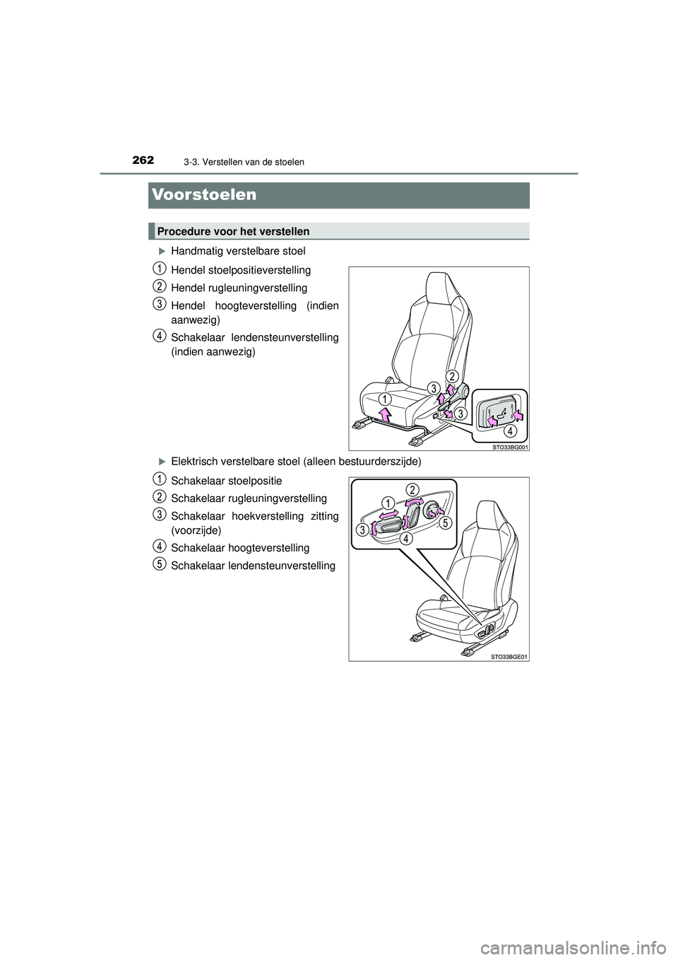 TOYOTA C-HR 2022 Instructieboekje (in Dutch) 2623-3. Verstellen van de stoelen
C-HR_HV_OM_Europe_OM10720E
Voorstoelen
Handmatig verstelbare stoel
Hendel stoelpositieverstelling
Hendel rugleuningverstelling
Hendel hoogteverstelling (indien
aan TOYOTA C-HR 2022 Instructieboekje (in Dutch) 2623-3. Verstellen van de stoelen
C-HR_HV_OM_Europe_OM10720E
Voorstoelen
Handmatig verstelbare stoel
Hendel stoelpositieverstelling
Hendel rugleuningverstelling
Hendel hoogteverstelling (indien
aan