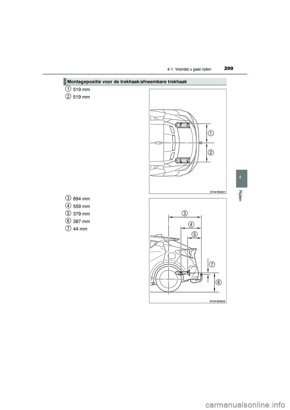 TOYOTA C-HR 2022 Instructieboekje (in Dutch) 2994-1. Voordat u gaat rijden
4
Rijden
C-HR_HV_OM_Europe_OM10720E
519 mm
519 mm
894 mm
559 mm
379 mm
387 mm
44 mm
Montagepositie voor de trekhaak/afneembare trekhaak
C-HR_HV_OM_Europe_OM10720E.book P TOYOTA C-HR 2022 Instructieboekje (in Dutch) 2994-1. Voordat u gaat rijden
4
Rijden
C-HR_HV_OM_Europe_OM10720E
519 mm
519 mm
894 mm
559 mm
379 mm
387 mm
44 mm
Montagepositie voor de trekhaak/afneembare trekhaak
C-HR_HV_OM_Europe_OM10720E.book P