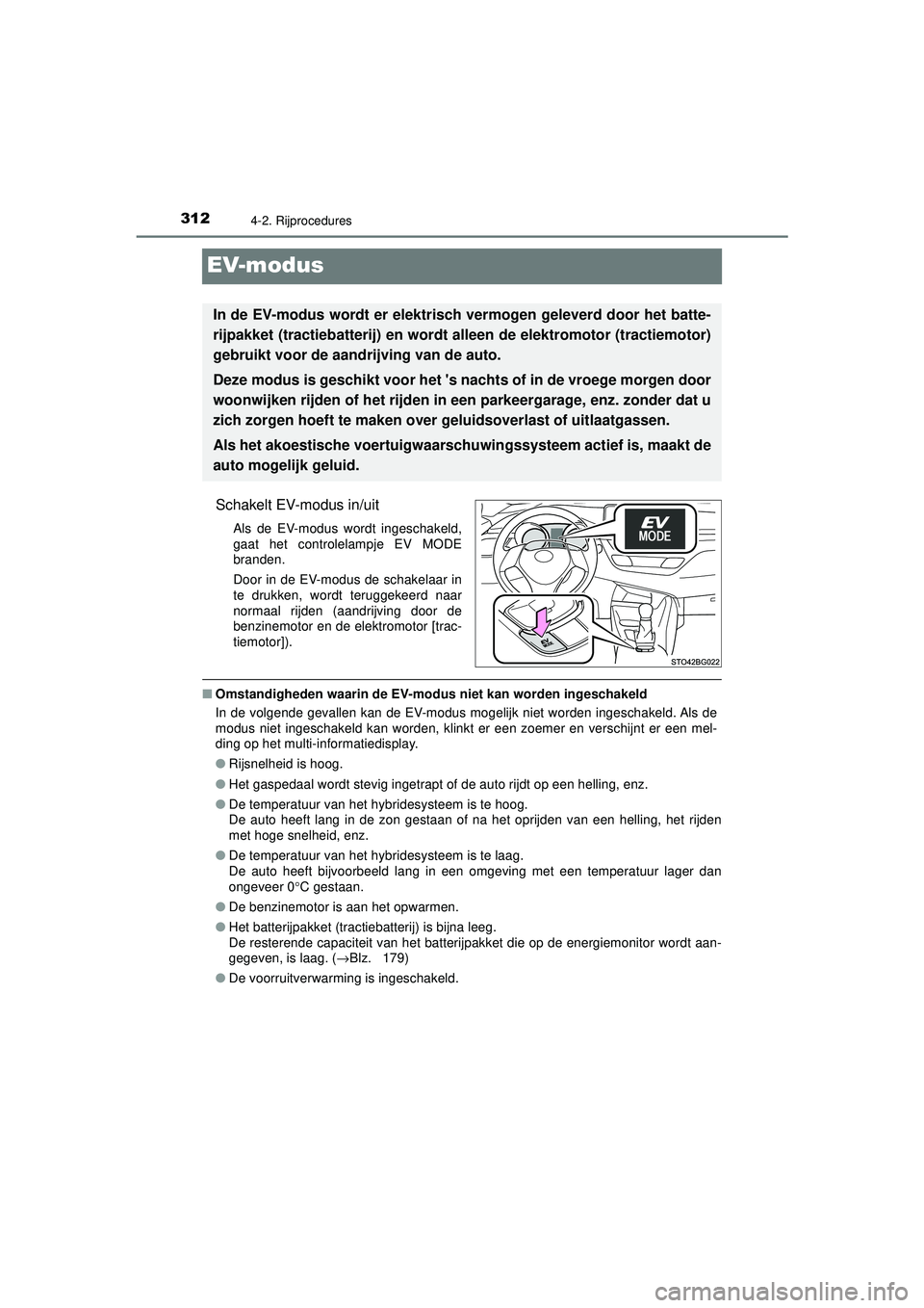 TOYOTA C-HR 2022 Instructieboekje (in Dutch) 3124-2. Rijprocedures
C-HR_HV_OM_Europe_OM10720E
EV-modus
Schakelt EV-modus in/uit
Als de EV-modus wordt ingeschakeld,
gaat het controlelampje EV MODE
branden.
Door in de EV-modus de schakelaar in
te TOYOTA C-HR 2022 Instructieboekje (in Dutch) 3124-2. Rijprocedures
C-HR_HV_OM_Europe_OM10720E
EV-modus
Schakelt EV-modus in/uit
Als de EV-modus wordt ingeschakeld,
gaat het controlelampje EV MODE
branden.
Door in de EV-modus de schakelaar in
te