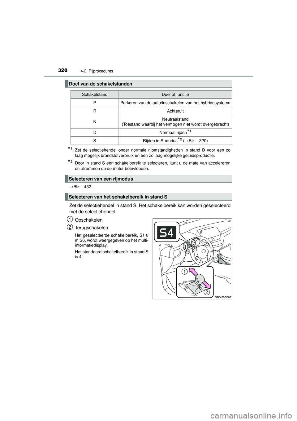TOYOTA C-HR 2022  Instructieboekje (in Dutch) 3204-2. Rijprocedures
C-HR_HV_OM_Europe_OM10720E
*1: Zet de selectiehendel onder normale rijomstandigheden in stand D voor een zolaag mogelijk brandstofverbruik en een zo laag mogelijke geluidsproduct