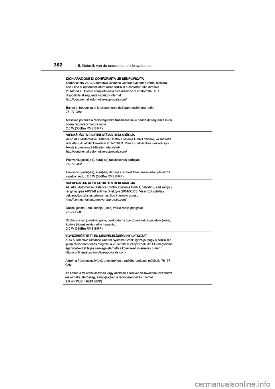 TOYOTA C-HR 2022  Instructieboekje (in Dutch) 3624-5. Gebruik van de ondersteunende systemen
C-HR_HV_OM_Europe_OM10720E
C-HR_HV_OM_Europe_OM10720E.book  Page 362  Monday, October 11, 2021  9:41 AM 