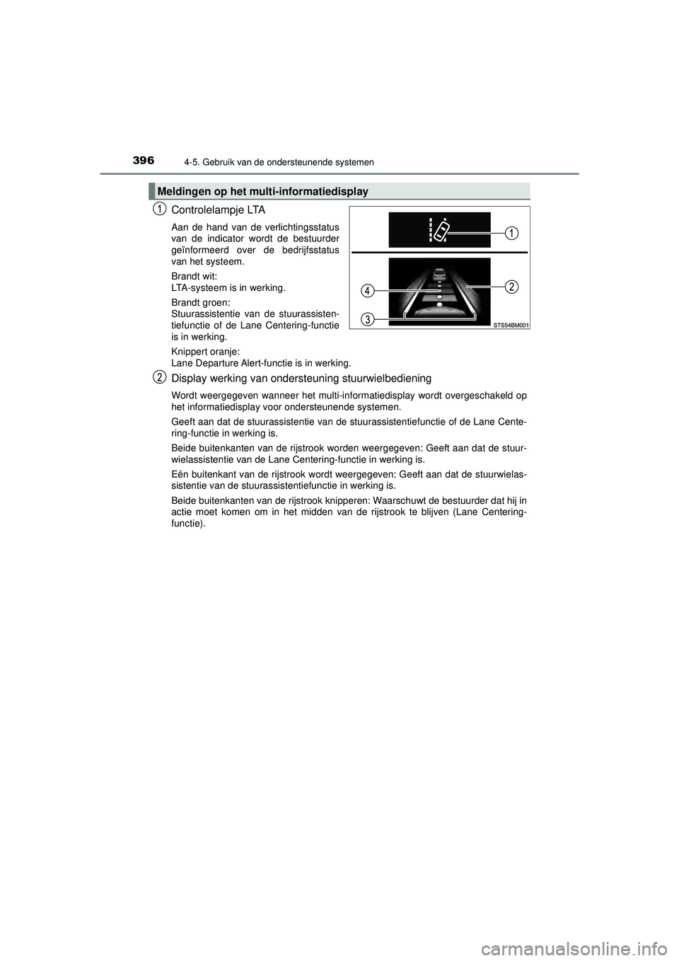 TOYOTA C-HR 2022 Instructieboekje (in Dutch) 3964-5. Gebruik van de ondersteunende systemen
C-HR_HV_OM_Europe_OM10720E
Controlelampje LTA
Aan de hand van de verlichtingsstatus
van de indicator wordt de bestuurder
geïnformeerd over de bedrijfsst TOYOTA C-HR 2022 Instructieboekje (in Dutch) 3964-5. Gebruik van de ondersteunende systemen
C-HR_HV_OM_Europe_OM10720E
Controlelampje LTA
Aan de hand van de verlichtingsstatus
van de indicator wordt de bestuurder
geïnformeerd over de bedrijfsst