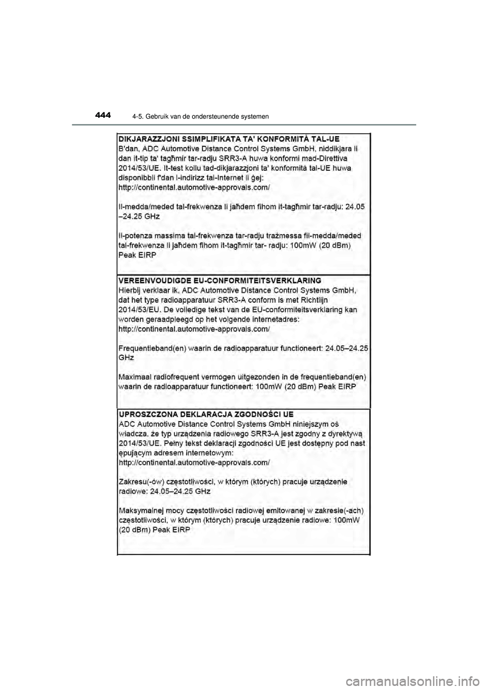 TOYOTA C-HR 2022  Instructieboekje (in Dutch) 4444-5. Gebruik van de ondersteunende systemen
C-HR_HV_OM_Europe_OM10720E
C-HR_HV_OM_Europe_OM10720E.book  Page 444  Monday, October 11, 2021  9:41 AM 