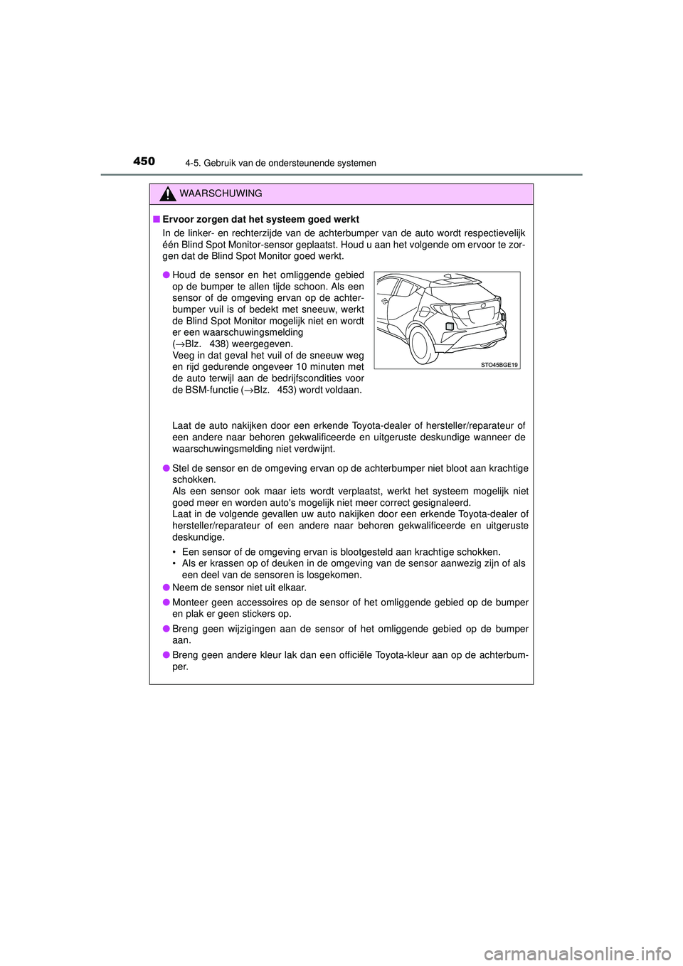 TOYOTA C-HR 2022 Instructieboekje (in Dutch) 4504-5. Gebruik van de ondersteunende systemen
C-HR_HV_OM_Europe_OM10720E
WAARSCHUWING
■Ervoor zorgen dat he t systeem goed werkt
In de linker- en rechterzijde van de achterbumper van de auto wordt TOYOTA C-HR 2022 Instructieboekje (in Dutch) 4504-5. Gebruik van de ondersteunende systemen
C-HR_HV_OM_Europe_OM10720E
WAARSCHUWING
■Ervoor zorgen dat he t systeem goed werkt
In de linker- en rechterzijde van de achterbumper van de auto wordt