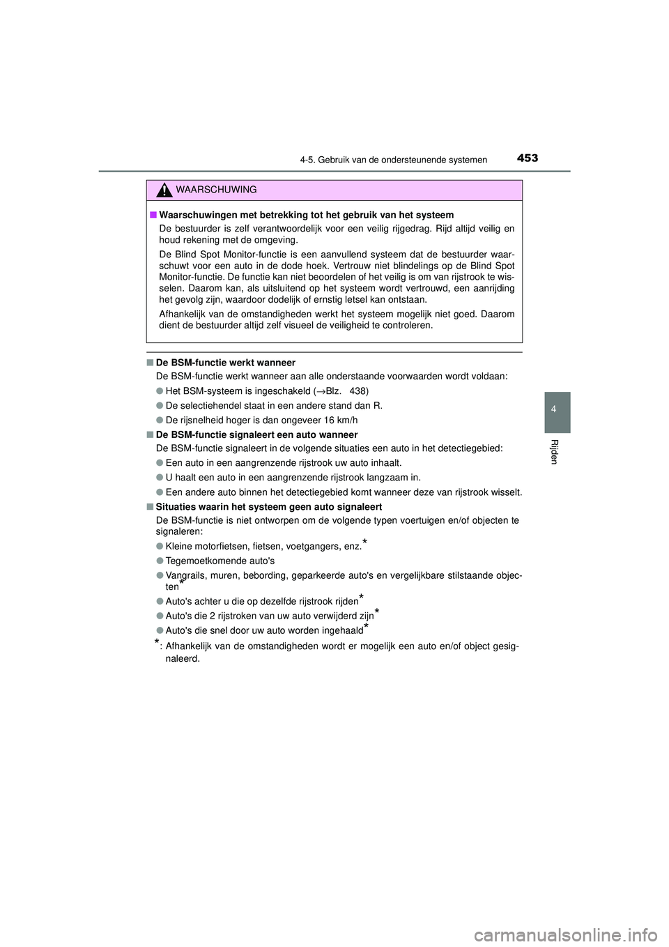TOYOTA C-HR 2022 Instructieboekje (in Dutch) 4534-5. Gebruik van de ondersteunende systemen
4
Rijden
C-HR_HV_OM_Europe_OM10720E
■De BSM-functie werkt wanneer
De BSM-functie werkt wanneer aan alle onderstaande voorwaarden wordt voldaan:
●Het TOYOTA C-HR 2022 Instructieboekje (in Dutch) 4534-5. Gebruik van de ondersteunende systemen
4
Rijden
C-HR_HV_OM_Europe_OM10720E
■De BSM-functie werkt wanneer
De BSM-functie werkt wanneer aan alle onderstaande voorwaarden wordt voldaan:
●Het