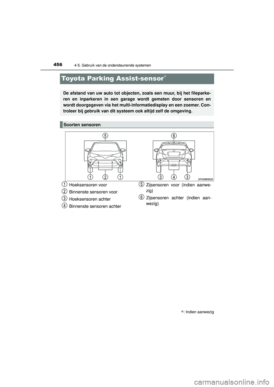 TOYOTA C-HR 2022 Instructieboekje (in Dutch) 4564-5. Gebruik van de ondersteunende systemen
C-HR_HV_OM_Europe_OM10720E
Toyota Parking Assist-sensor∗
∗: Indien aanwezig
De afstand van uw auto tot objecten, zoals een muur, bij het fileparke-
r TOYOTA C-HR 2022 Instructieboekje (in Dutch) 4564-5. Gebruik van de ondersteunende systemen
C-HR_HV_OM_Europe_OM10720E
Toyota Parking Assist-sensor∗
∗: Indien aanwezig
De afstand van uw auto tot objecten, zoals een muur, bij het fileparke-
r