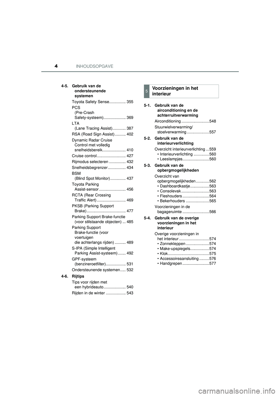 TOYOTA C-HR 2022  Instructieboekje (in Dutch) INHOUDSOPGAVE4
C-HR_HV_OM_Europe_OM10720E4-5. Gebruik van de 
ondersteunende 
systemen
Toyota Safety Sense............... 355
PCS  (Pre-Crash 
Safety-systeem).................... 369
LTA  (Lane Tracin