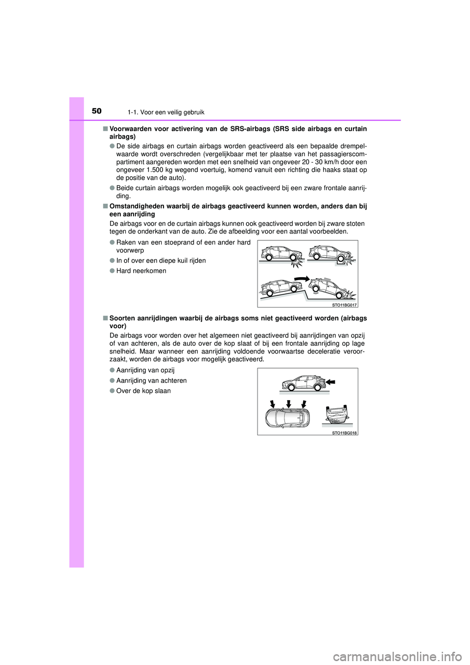 TOYOTA C-HR 2022 Instructieboekje (in Dutch) 501-1. Voor een veilig gebruik
C-HR_HV_OM_Europe_OM10720E■
Voorwaarden voor activering van de SRS- airbags (SRS side airbags en curtain
airbags)
● De side airbags en curtain airbags worden geactiv TOYOTA C-HR 2022 Instructieboekje (in Dutch) 501-1. Voor een veilig gebruik
C-HR_HV_OM_Europe_OM10720E■
Voorwaarden voor activering van de SRS- airbags (SRS side airbags en curtain
airbags)
● De side airbags en curtain airbags worden geactiv