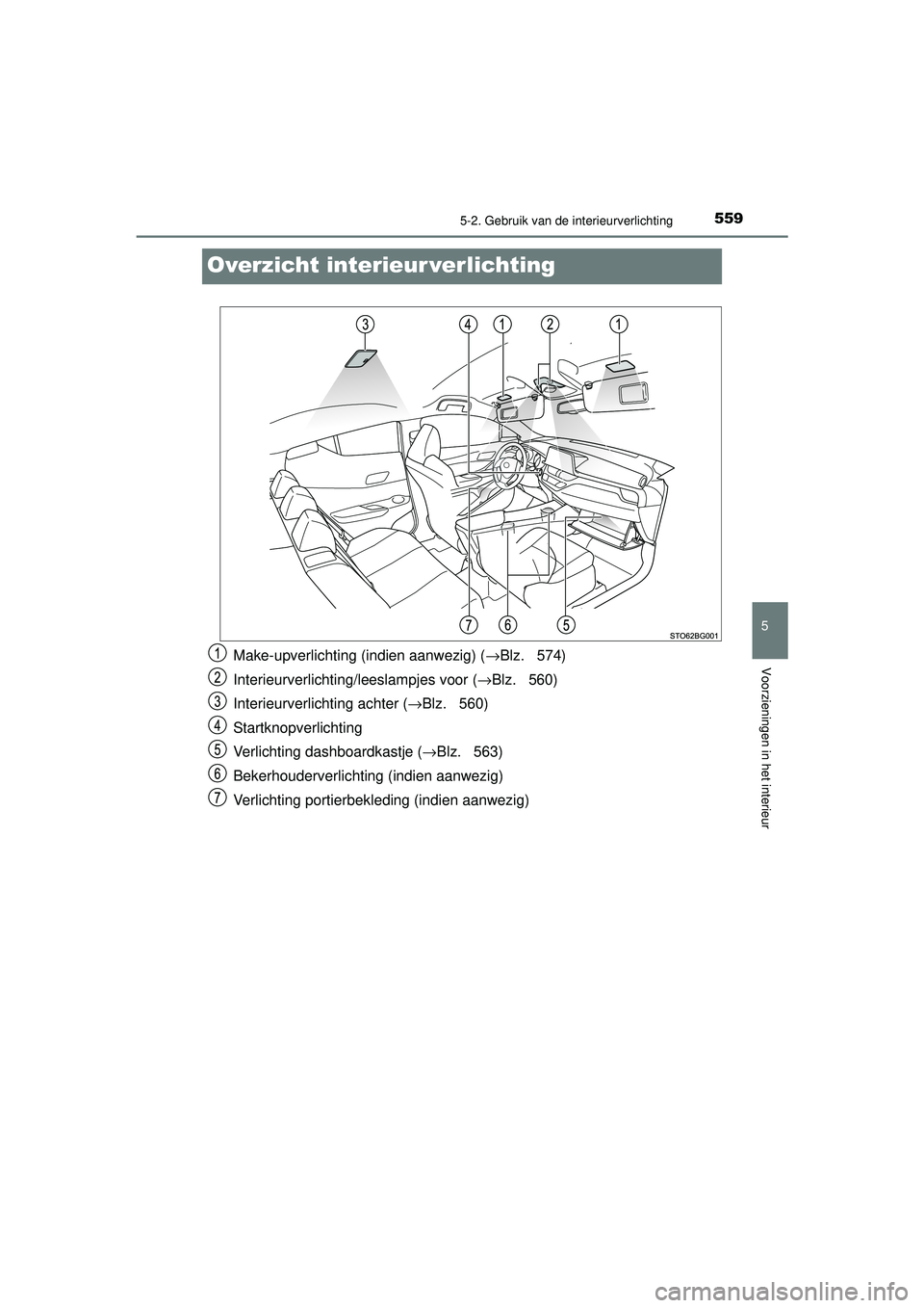 TOYOTA C-HR 2022  Instructieboekje (in Dutch) 5595-2. Gebruik van de interieurverlichting
5
Voorzieningen in het interieur
C-HR_HV_OM_Europe_OM10720E
Overzicht interieur verlichting
Make-upverlichting (indien aanwezig) (→Blz.  574)
Interieurver