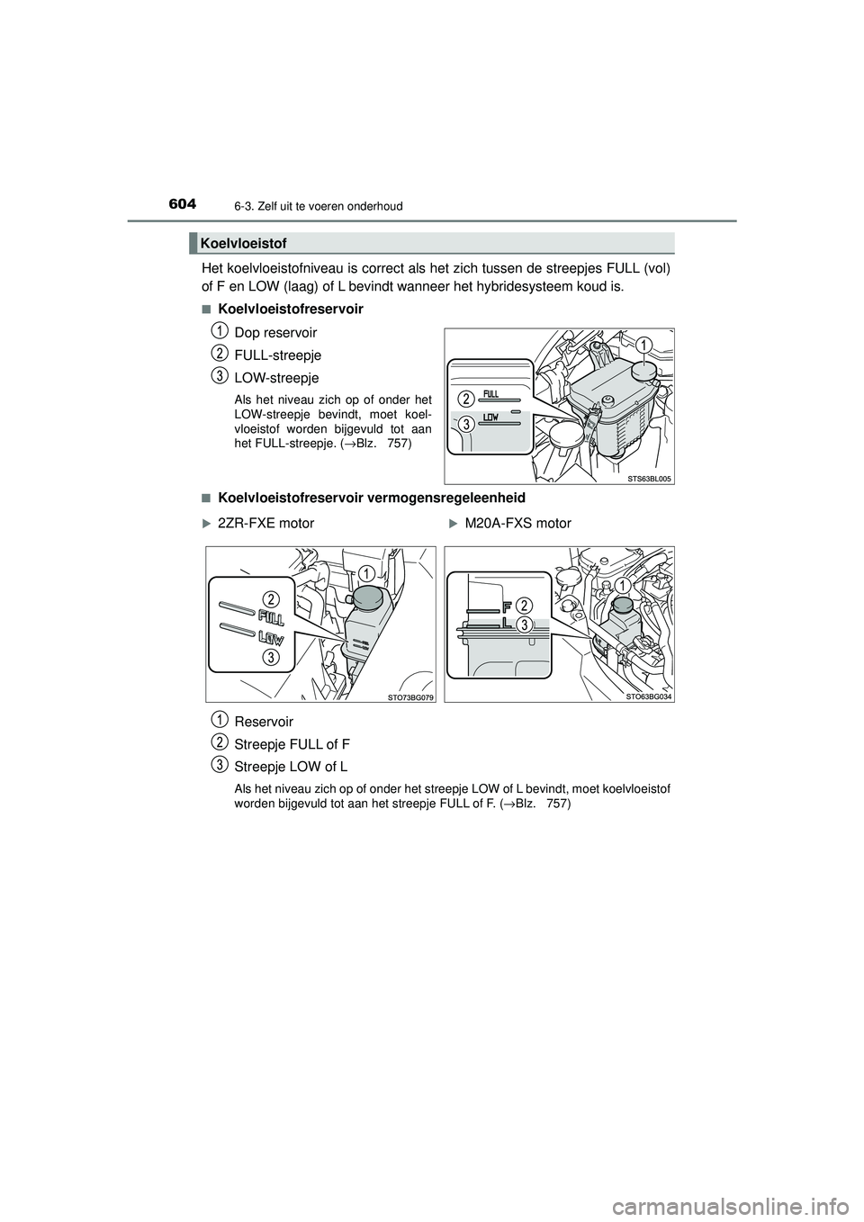 TOYOTA C-HR 2022 Instructieboekje (in Dutch) 6046-3. Zelf uit te voeren onderhoud
C-HR_HV_OM_Europe_OM10720E
Het koelvloeistofniveau is correct als het zich tussen de streepjes FULL (vol)
of F en LOW (laag) of L bevindt wanneer het hybridesystee TOYOTA C-HR 2022 Instructieboekje (in Dutch) 6046-3. Zelf uit te voeren onderhoud
C-HR_HV_OM_Europe_OM10720E
Het koelvloeistofniveau is correct als het zich tussen de streepjes FULL (vol)
of F en LOW (laag) of L bevindt wanneer het hybridesystee