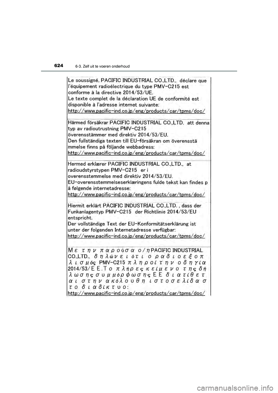 TOYOTA C-HR 2022 Instructieboekje (in Dutch) 6246-3. Zelf uit te voeren onderhoud
C-HR_HV_OM_Europe_OM10720E
C-HR_HV_OM_Europe_OM10720E.book Page 624 Monday, October 11, 2021 9:41 AM TOYOTA C-HR 2022 Instructieboekje (in Dutch) 6246-3. Zelf uit te voeren onderhoud
C-HR_HV_OM_Europe_OM10720E
C-HR_HV_OM_Europe_OM10720E.book Page 624 Monday, October 11, 2021 9:41 AM