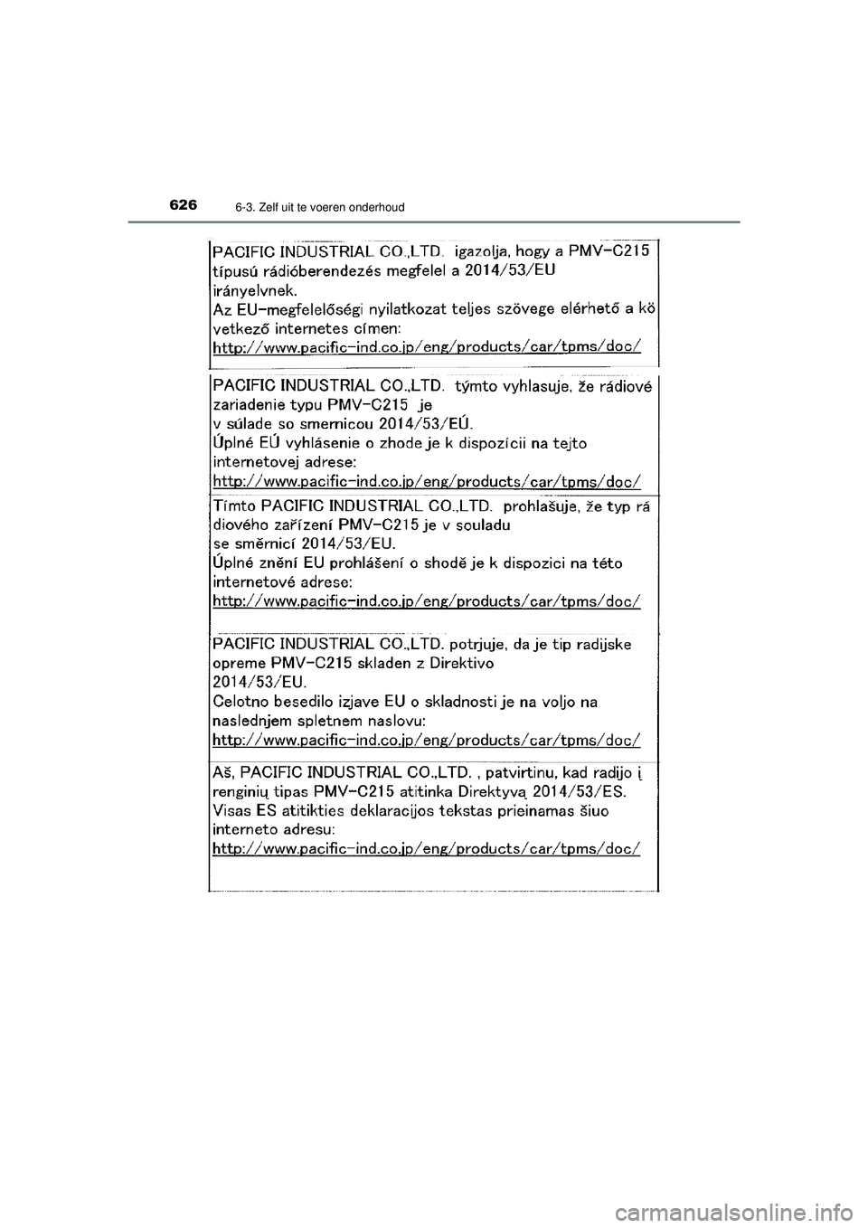 TOYOTA C-HR 2022 Instructieboekje (in Dutch) 6266-3. Zelf uit te voeren onderhoud
C-HR_HV_OM_Europe_OM10720E
C-HR_HV_OM_Europe_OM10720E.book Page 626 Monday, October 11, 2021 9:41 AM TOYOTA C-HR 2022 Instructieboekje (in Dutch) 6266-3. Zelf uit te voeren onderhoud
C-HR_HV_OM_Europe_OM10720E
C-HR_HV_OM_Europe_OM10720E.book Page 626 Monday, October 11, 2021 9:41 AM