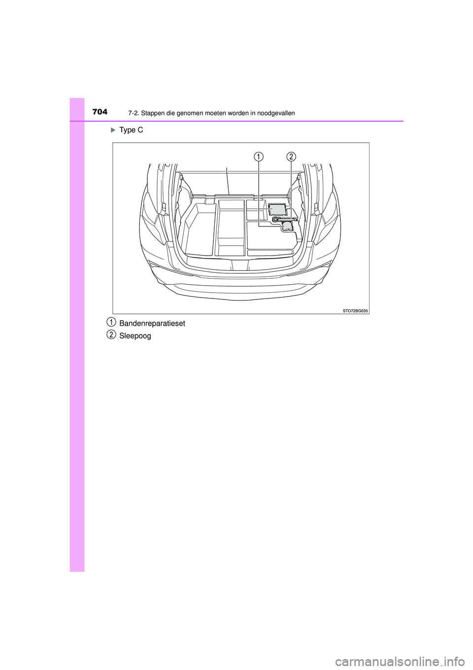 TOYOTA C-HR 2022  Instructieboekje (in Dutch) 7047-2. Stappen die genomen moeten worden in noodgevallen
C-HR_HV_OM_Europe_OM10720E
Type C
Bandenreparatieset
Sleepoog
C-HR_HV_OM_Europe_OM10720E.book  Page 704  Monday, October 11, 2021  9:41 AM 