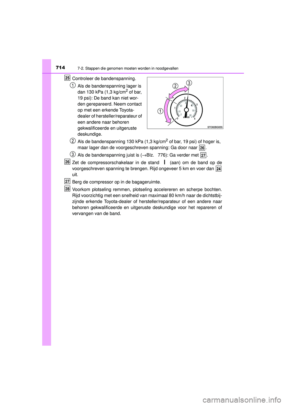 TOYOTA C-HR 2022 Instructieboekje (in Dutch) 7147-2. Stappen die genomen moeten worden in noodgevallen
C-HR_HV_OM_Europe_OM10720E
Controleer de bandenspanning.Als de bandenspanning lager is
dan 130 kPa (1,3 kg/cm
2 of bar,
19 psi): De band kan TOYOTA C-HR 2022 Instructieboekje (in Dutch) 7147-2. Stappen die genomen moeten worden in noodgevallen
C-HR_HV_OM_Europe_OM10720E
Controleer de bandenspanning.Als de bandenspanning lager is
dan 130 kPa (1,3 kg/cm
2 of bar,
19 psi): De band kan