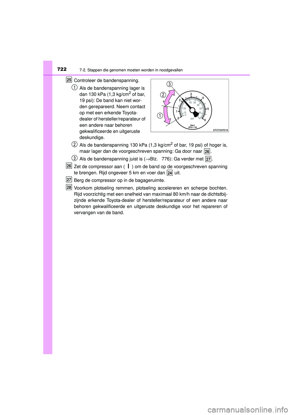 TOYOTA C-HR 2022 Instructieboekje (in Dutch) 7227-2. Stappen die genomen moeten worden in noodgevallen
C-HR_HV_OM_Europe_OM10720E
Controleer de bandenspanning.Als de bandenspanning lager is
dan 130 kPa (1,3 kg/cm
2 of bar,
19 psi): De band kan TOYOTA C-HR 2022 Instructieboekje (in Dutch) 7227-2. Stappen die genomen moeten worden in noodgevallen
C-HR_HV_OM_Europe_OM10720E
Controleer de bandenspanning.Als de bandenspanning lager is
dan 130 kPa (1,3 kg/cm
2 of bar,
19 psi): De band kan