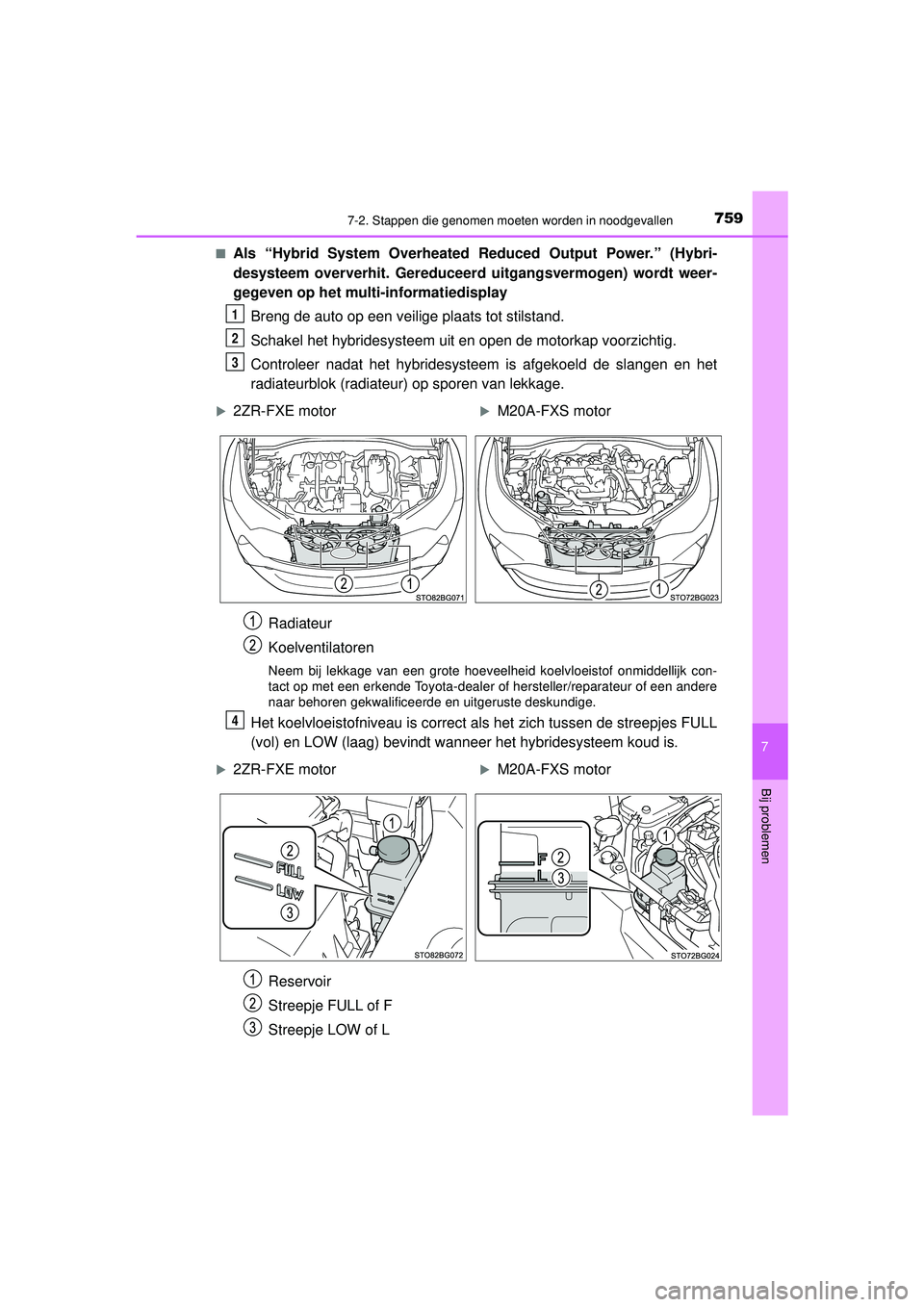 TOYOTA C-HR 2022 Instructieboekje (in Dutch) 7597-2. Stappen die genomen moeten worden in noodgevallen
C-HR_HV_OM_Europe_OM10720E
7
Bij problemen
■Als “Hybrid System Overheated Reduced Output Power.” (Hybri-
desysteem oververhit. Gereducee TOYOTA C-HR 2022 Instructieboekje (in Dutch) 7597-2. Stappen die genomen moeten worden in noodgevallen
C-HR_HV_OM_Europe_OM10720E
7
Bij problemen
■Als “Hybrid System Overheated Reduced Output Power.” (Hybri-
desysteem oververhit. Gereducee