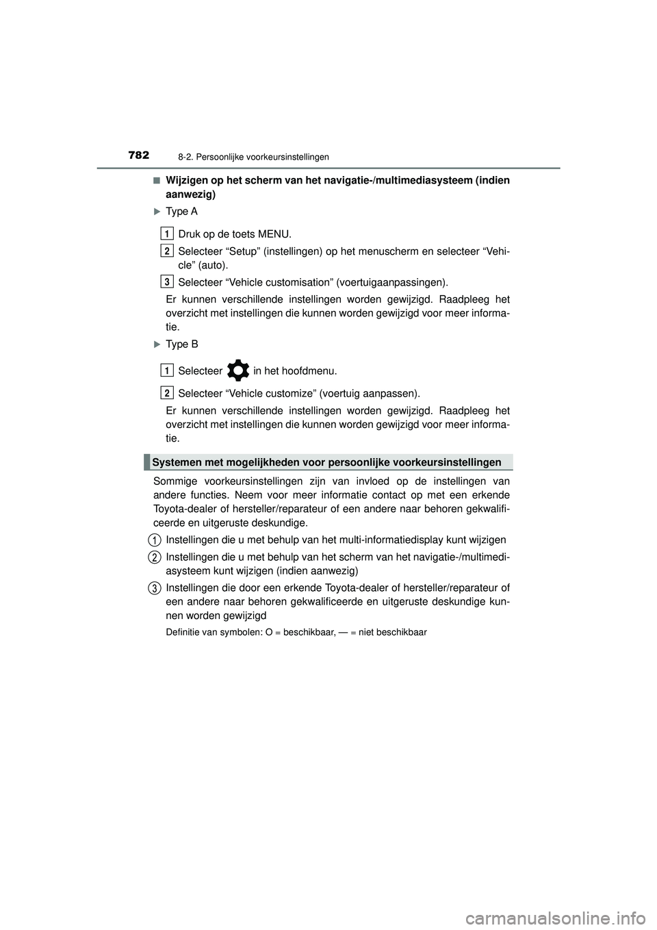 TOYOTA C-HR 2022 Instructieboekje (in Dutch) 7828-2. Persoonlijke voorkeursinstellingen
C-HR_HV_OM_Europe_OM10720E■
Wijzigen op het scherm van het
navigatie-/multimediasysteem (indien
aanwezig)
Type A
Druk op de toets MENU.
Selecteer “Se TOYOTA C-HR 2022 Instructieboekje (in Dutch) 7828-2. Persoonlijke voorkeursinstellingen
C-HR_HV_OM_Europe_OM10720E■
Wijzigen op het scherm van het
navigatie-/multimediasysteem (indien
aanwezig)
Type A
Druk op de toets MENU.
Selecteer “Se