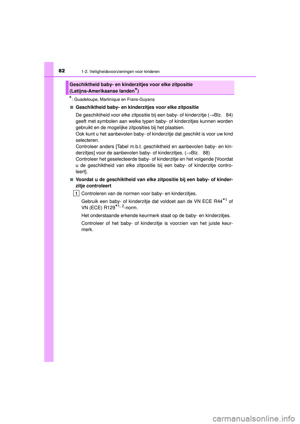 TOYOTA C-HR 2022 Instructieboekje (in Dutch) 821-2. Veiligheidsvoorzieningen voor kinderen
C-HR_HV_OM_Europe_OM10720E
*: Guadeloupe, Martinique en Frans-Guyana
■
Geschiktheid baby- en kinderzitjes voor elke zitpositie
De geschiktheid voor elke TOYOTA C-HR 2022 Instructieboekje (in Dutch) 821-2. Veiligheidsvoorzieningen voor kinderen
C-HR_HV_OM_Europe_OM10720E
*: Guadeloupe, Martinique en Frans-Guyana
■
Geschiktheid baby- en kinderzitjes voor elke zitpositie
De geschiktheid voor elke