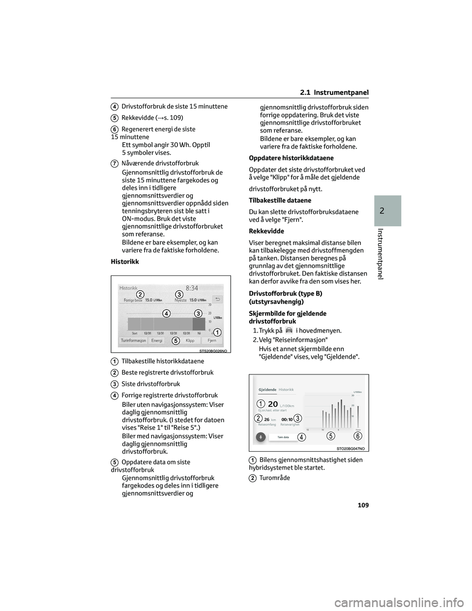 TOYOTA C-HR 2022 Instruksjoner for bruk (in Norwegian) 4Drivstofforbruk de siste 15 minuttene
5Rekkevidde (→s. 109)
6Regenerert energi de siste
15 minuttene
Ett symbol angir 30 Wh. Opptil
5 symboler vises.
7Nåværende drivstofforbruk
Gjennomsnittlig dr TOYOTA C-HR 2022 Instruksjoner for bruk (in Norwegian) 4Drivstofforbruk de siste 15 minuttene
5Rekkevidde (→s. 109)
6Regenerert energi de siste
15 minuttene
Ett symbol angir 30 Wh. Opptil
5 symboler vises.
7Nåværende drivstofforbruk
Gjennomsnittlig dr