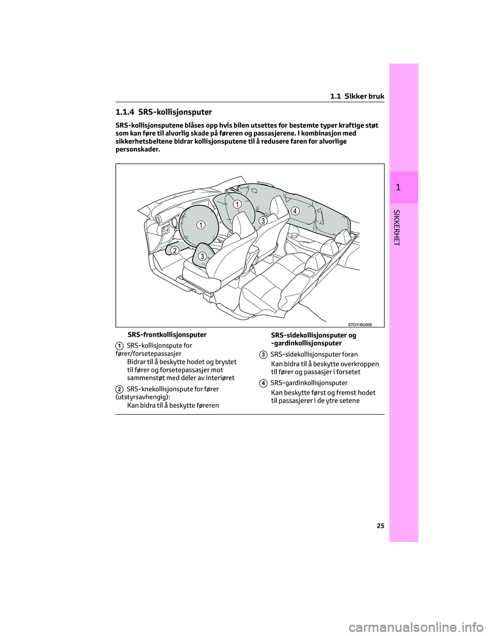 TOYOTA C-HR 2022 Instruksjoner for bruk (in Norwegian) 1.1.4 SRS-kollisjonsputer
SRS-kollisjonsputene blåses opp hvis bilen utsettes for bestemte typer kraftige støt
som kan føre til alvorlig skade på føreren og passasjerene. I kombinasjon med
sikker TOYOTA C-HR 2022 Instruksjoner for bruk (in Norwegian) 1.1.4 SRS-kollisjonsputer
SRS-kollisjonsputene blåses opp hvis bilen utsettes for bestemte typer kraftige støt
som kan føre til alvorlig skade på føreren og passasjerene. I kombinasjon med
sikker