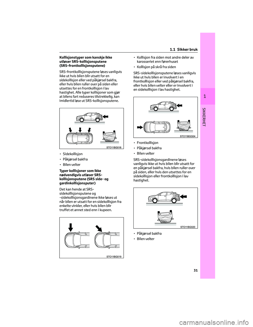 TOYOTA C-HR 2022 Instruksjoner for bruk (in Norwegian) Kollisjonstyper som kanskje ikke
utløser SRS-kollisjonsputene
(SRS-frontkollisjonsputene)
SRS-frontkollisjonsputene løses vanligvis
ikke ut hvis bilen blir utsatt for en
sidekollisjon eller ved påk TOYOTA C-HR 2022 Instruksjoner for bruk (in Norwegian) Kollisjonstyper som kanskje ikke
utløser SRS-kollisjonsputene
(SRS-frontkollisjonsputene)
SRS-frontkollisjonsputene løses vanligvis
ikke ut hvis bilen blir utsatt for en
sidekollisjon eller ved påk