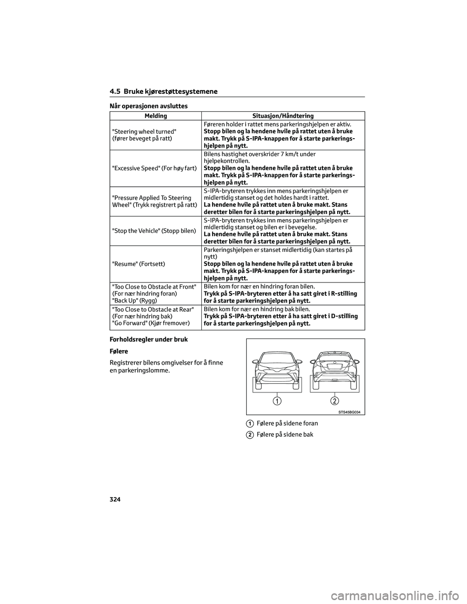 TOYOTA C-HR 2022  Instruksjoner for bruk (in Norwegian) Når operasjonen avsluttes
Melding Situasjon/Håndtering
"Steering wheel turned"
(fører beveget på ratt)Føreren holder i rattet mens parkeringshjelpen er aktiv.
Stopp bilen og la hendene hv