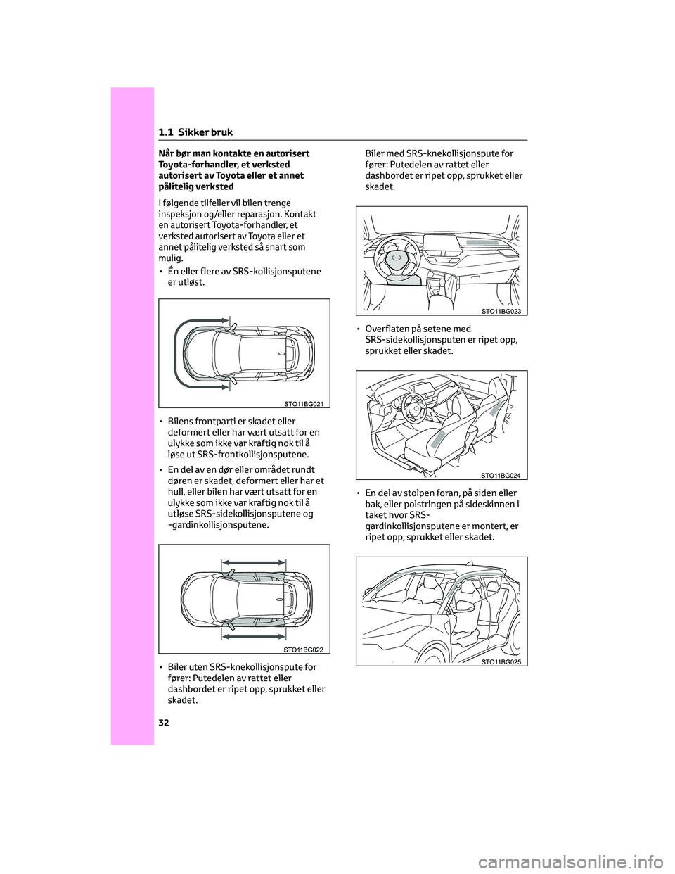 TOYOTA C-HR 2022 Instruksjoner for bruk (in Norwegian) Når bør man kontakte en autorisert
Toyota-forhandler, et verksted
autorisert av Toyota eller et annet
pålitelig verksted
I følgende tilfeller vil bilen trenge
inspeksjon og/eller reparasjon. Konta TOYOTA C-HR 2022 Instruksjoner for bruk (in Norwegian) Når bør man kontakte en autorisert
Toyota-forhandler, et verksted
autorisert av Toyota eller et annet
pålitelig verksted
I følgende tilfeller vil bilen trenge
inspeksjon og/eller reparasjon. Konta