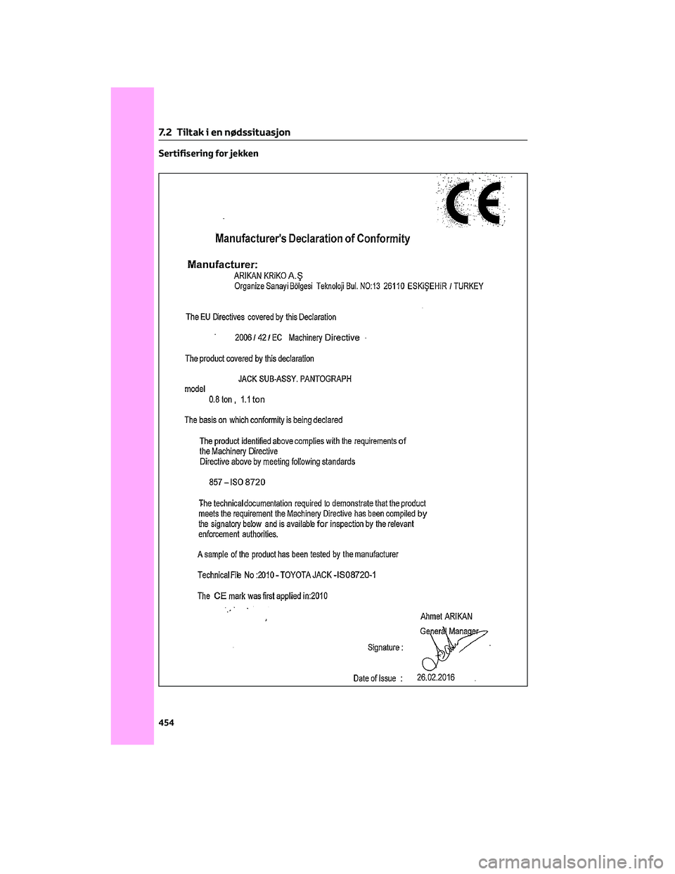 TOYOTA C-HR 2022  Instruksjoner for bruk (in Norwegian) Sertifisering for jekken
7.2 Tiltak i en nødssituasjon
454 