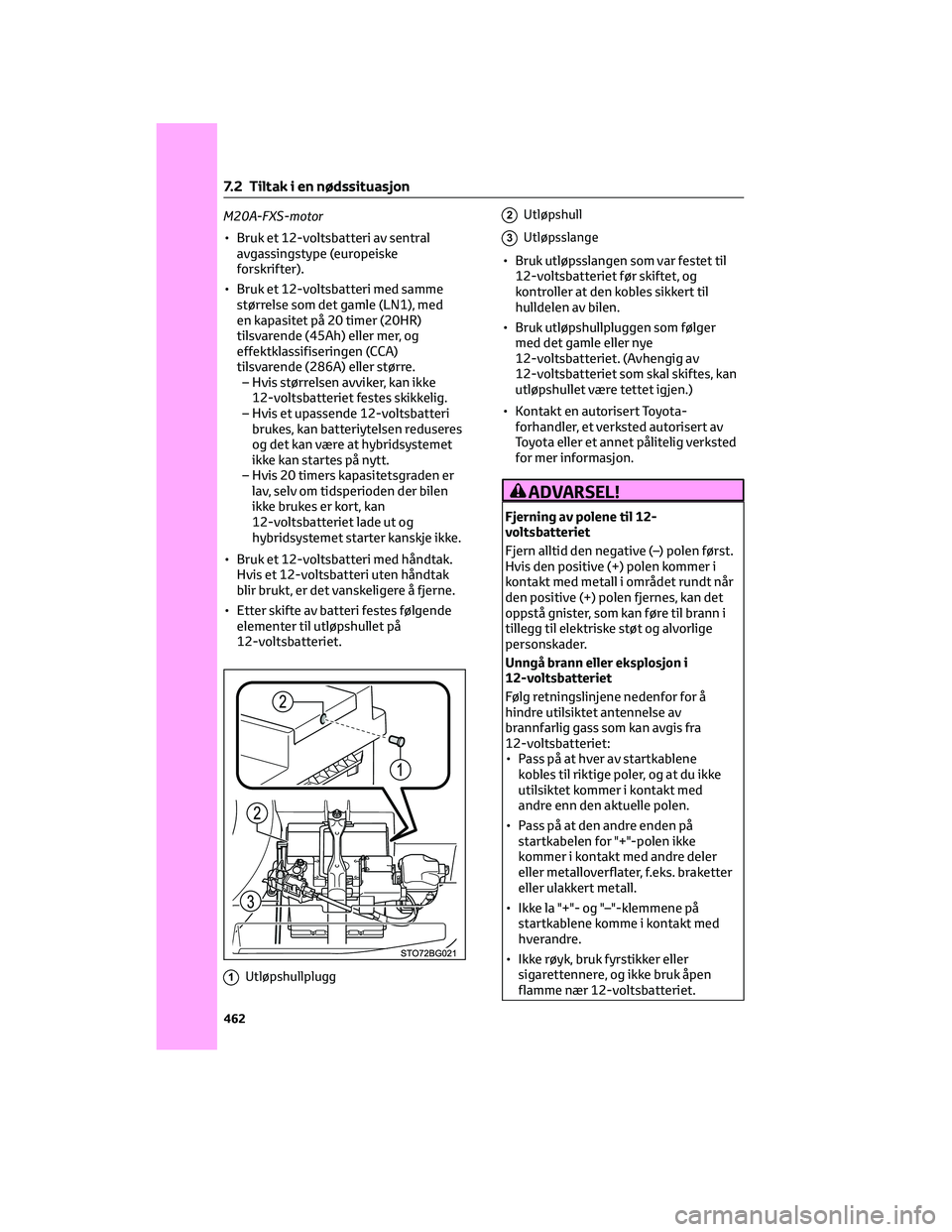 TOYOTA C-HR 2022 Instruksjoner for bruk (in Norwegian) M20A-FXS-motor
• Bruk et 12-voltsbatteri av sentral
avgassingstype (europeiske
forskrifter).
• Bruk et 12-voltsbatteri med samme
størrelse som det gamle (LN1), med
en kapasitet på 20 timer (20HR TOYOTA C-HR 2022 Instruksjoner for bruk (in Norwegian) M20A-FXS-motor
• Bruk et 12-voltsbatteri av sentral
avgassingstype (europeiske
forskrifter).
• Bruk et 12-voltsbatteri med samme
størrelse som det gamle (LN1), med
en kapasitet på 20 timer (20HR