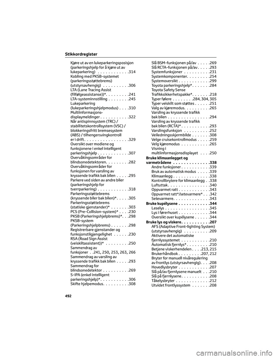 TOYOTA C-HR 2022 Instruksjoner for bruk (in Norwegian) Kjøre ut av en lukeparkeringsposisjon
(parkeringshjelp for å kjøre ut av
lukeparkering)............314
Kobling med PKSB-systemet
(parkeringsstøttebrems)
(utstyrsavhengig)..........306
LTA (Lane Tr TOYOTA C-HR 2022 Instruksjoner for bruk (in Norwegian) Kjøre ut av en lukeparkeringsposisjon
(parkeringshjelp for å kjøre ut av
lukeparkering)............314
Kobling med PKSB-systemet
(parkeringsstøttebrems)
(utstyrsavhengig)..........306
LTA (Lane Tr