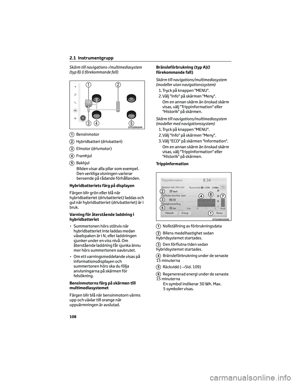 TOYOTA C-HR 2022 Bruksanvisningar (in Swedish) Skärm till navigations-/multimediasystem
(typ B) (i förekommande fall)
1Bensinmotor
2Hybridbatteri (drivbatteri)
3Elmotor (drivmotor)
4Framhjul
5Bakhjul
Bilden visar alla pilar som exempel.
Den verk TOYOTA C-HR 2022 Bruksanvisningar (in Swedish) Skärm till navigations-/multimediasystem
(typ B) (i förekommande fall)
1Bensinmotor
2Hybridbatteri (drivbatteri)
3Elmotor (drivmotor)
4Framhjul
5Bakhjul
Bilden visar alla pilar som exempel.
Den verk