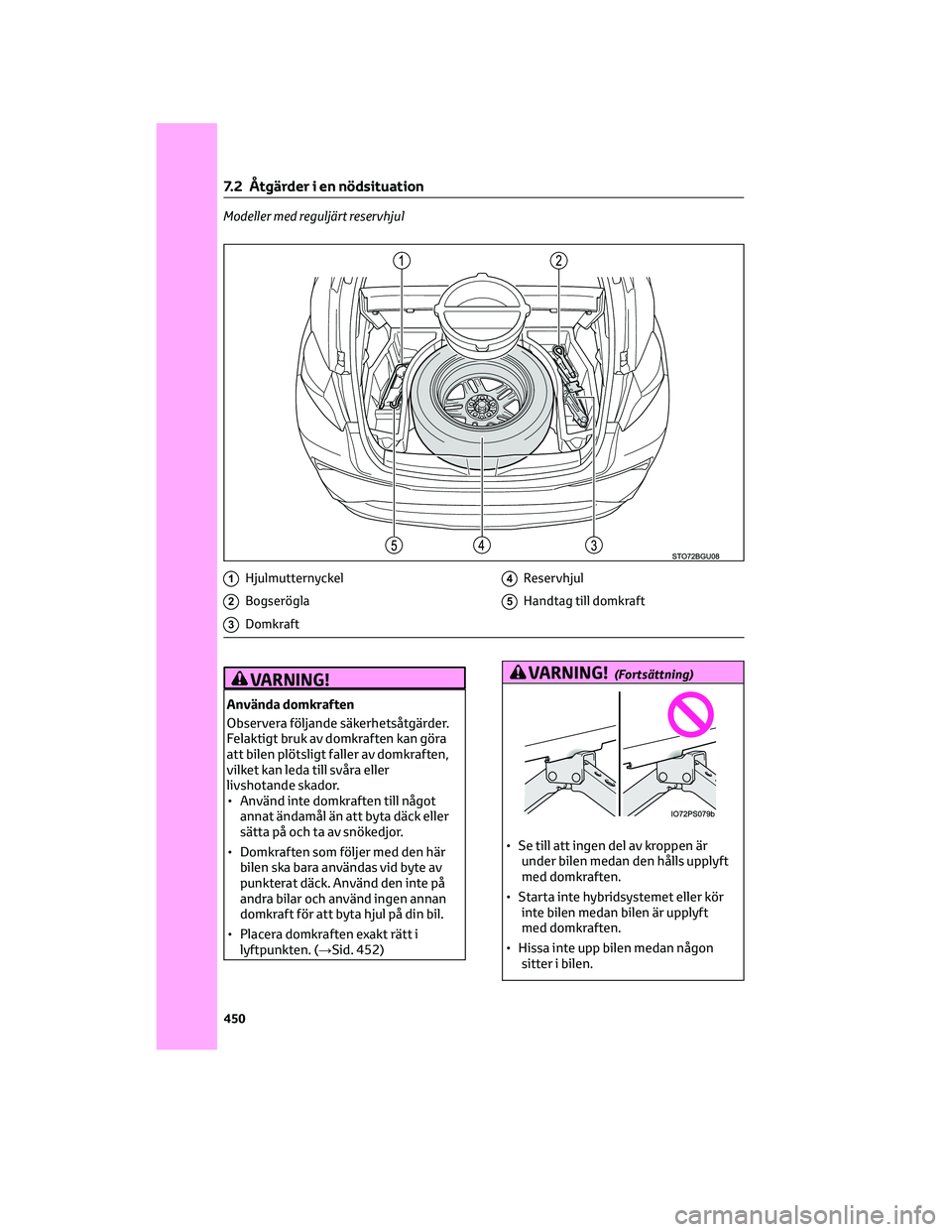 TOYOTA C-HR 2022 Bruksanvisningar (in Swedish) Modeller med reguljärt reservhjul
1Hjulmutternyckel
2Bogserögla
3Domkraft
4Reservhjul
5Handtag till domkraft
VARNING!
Använda domkraften
Observera följande säkerhetsåtgärder.
Felaktigt bruk av TOYOTA C-HR 2022 Bruksanvisningar (in Swedish) Modeller med reguljärt reservhjul
1Hjulmutternyckel
2Bogserögla
3Domkraft
4Reservhjul
5Handtag till domkraft
VARNING!
Använda domkraften
Observera följande säkerhetsåtgärder.
Felaktigt bruk av