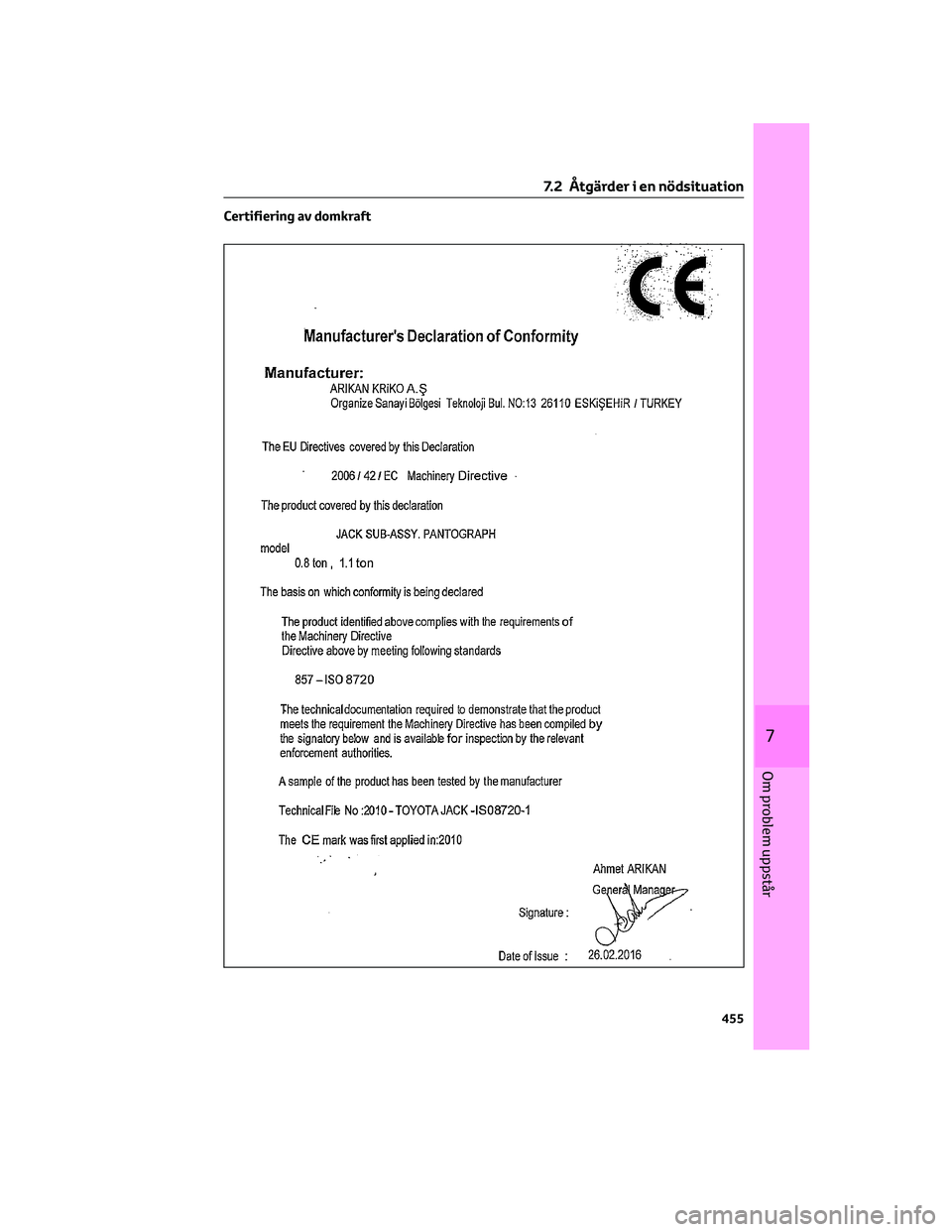 TOYOTA C-HR 2022 Bruksanvisningar (in Swedish) Certifiering av domkraft
7.2 Åtgärder i en nödsituation
455
7
Om problem uppstår TOYOTA C-HR 2022 Bruksanvisningar (in Swedish) Certifiering av domkraft
7.2 Åtgärder i en nödsituation
455
7
Om problem uppstår